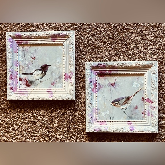 NWT Two 9x9” Delightful Framed Bird Wall Art Paints- Mauve Pinks & Bright White - Picture 2 of 16
